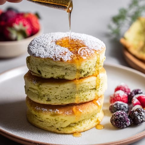 Fluffy Egg White Gingerbread Matcha Soufflé Pancakes, golden-brown and pillowy, ready to be enjoyed with maple syrup.