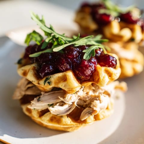 Crispy stuffing waffles cradling savory shredded chicken, topped with a vibrant cranberry sauce.