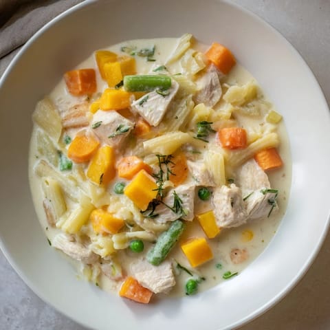 This Chicken Pot Pie Pasta Soup showcases a hearty, creamy broth brimming with ditalini pasta.