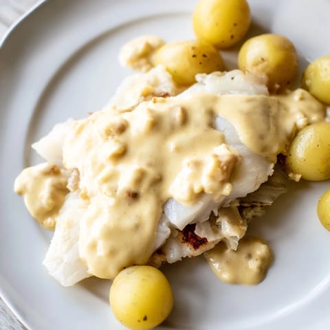 Flaky Norwegian Lutefisk, baked to perfection, generously draped with creamy mustard sauce and potatoes.