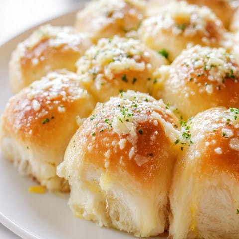 Warm, pull-apart Garlic Butter Bread with fluffy golden tops, a savory garlic butter glaze, and optional Parmesan cheese.