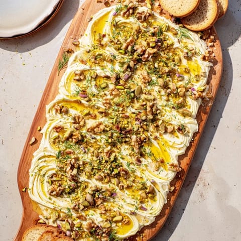 A close-up of a Flavored Butter Board Charcuterie topped with pistachios, parsley, and a generous honey drizzle beside crisp crackers.  