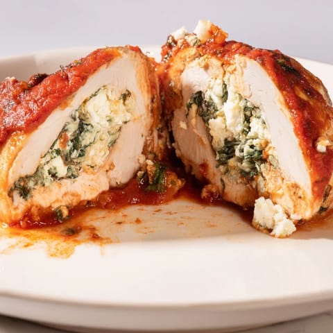 Juicy Spinach Ricotta Stuffed Chicken served hot, showcasing a bubbling Parmesan and ricotta filling.