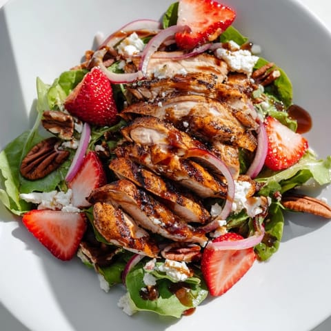 Juicy grilled chicken, sweet strawberries, and creamy goat cheese on greens, finished with a glossy honey balsamic glaze.  