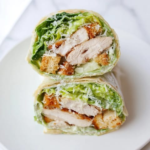 A close-up view of a Caesar Chicken Salad Wrap cut in half, revealing layers of juicy chicken, crunchy romaine, and parmesan.