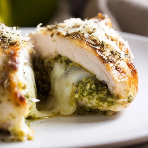 Mozzarella & Pesto Stuffed Chicken resting on a rustic cutting board with fresh basil leaves.  