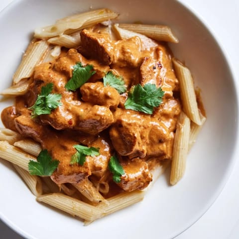 A close-up of Chicken Tikka Pasta with tender chicken pieces and rich tomato cream sauce coating each noodle.  