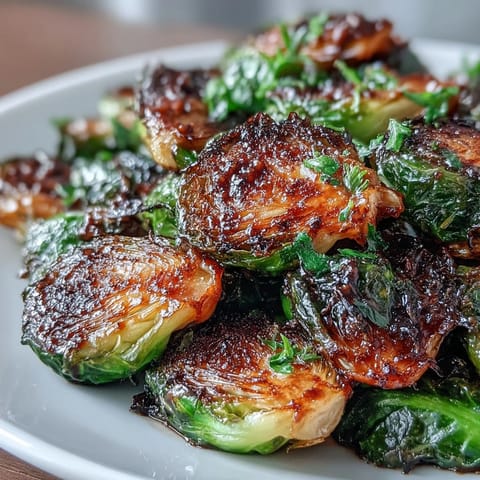 A close-up of caramelized Roasted Brussels Sprouts with Balsamic, highlighting their crispy edges and tender centers.
