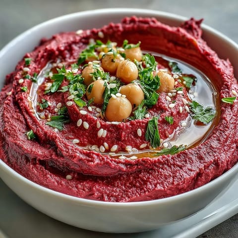 Vibrant roasted beet hummus swirl, topped with olive oil and optional herbs.