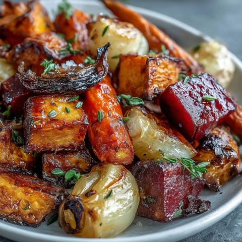 Colorful roasted root vegetable medley with herbs, ready to serve alongside dinner.