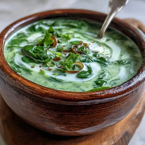 Creamy Spinach Coriander Lemongrass Soup in a white bowl, garnished with fresh cilantro and a red chili slice.