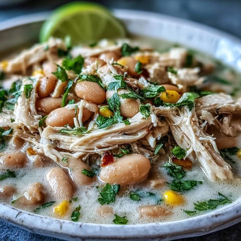 A steaming bowl of homemade White Chicken Chili topped with fresh cilantro and shredded cheese.