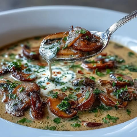 Creamy Mushroom Stroganoff Soup steaming in a rustic bowl, topped with fresh parsley and a dollop of sour cream for a cozy vegetarian dinner.
