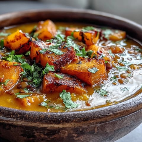 Butternut Squash and Lentil Soup in a rustic bowl, garnished with fresh cilantro and a lemon wedge.