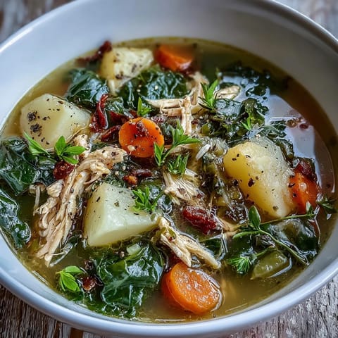 Close-up of a rustic bowl of Collard Greens, Chicken and Vegetable Soup, featuring tender shredded chicken, potatoes, and vibrant green collards in a clear golden broth.