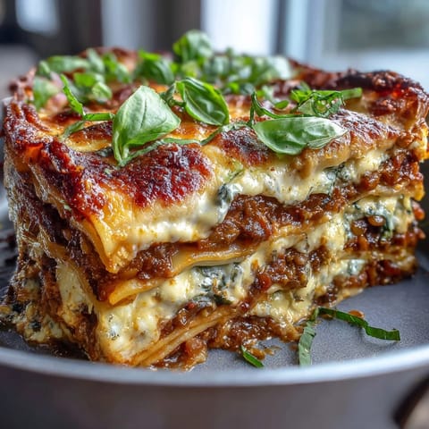Smoky One-Pan Smoky Veggie Lentil Lasagne served with a crisp green salad and crusty bread.