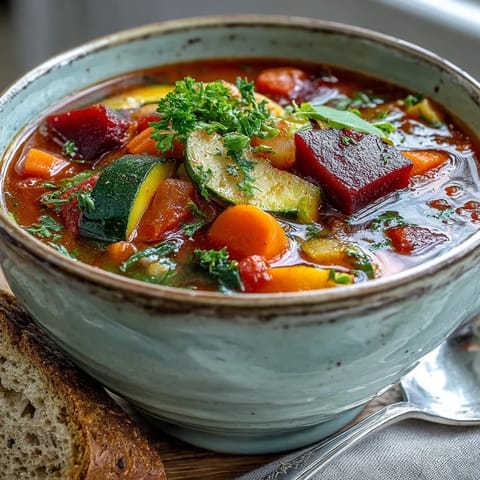 Colorful pot of Rainbow Vegetable Detox Soup simmering with fresh tomatoes and green peppers. 