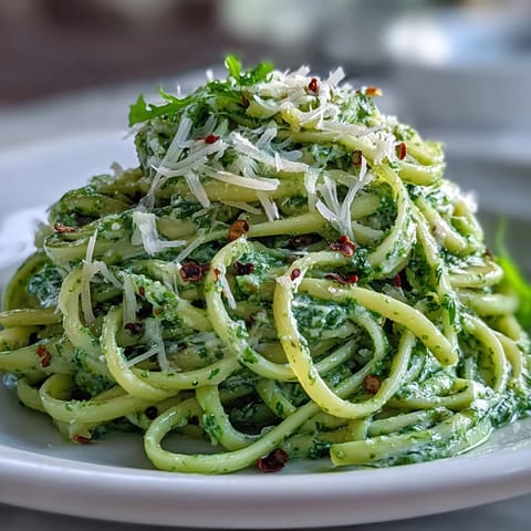 Bright green Linguine with Arugula Pesto topped with fresh arugula leaves and shaved Parmesan cheese.