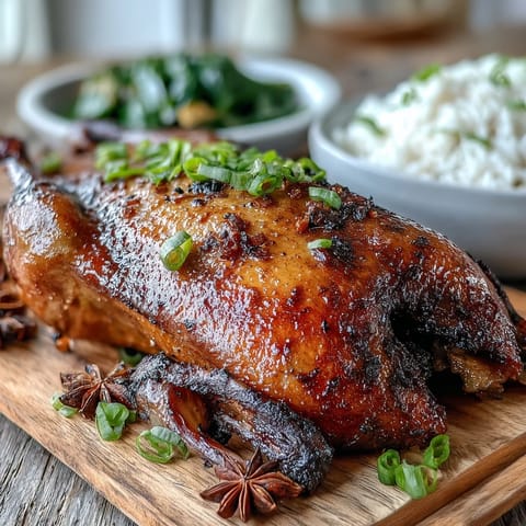 Perfectly carved Five-Spice Roast Ducks served alongside fluffy jasmine rice and sautéed greens on an elegant date-night table setting.