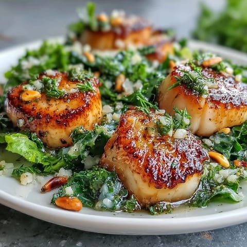 The vibrant pesto vinaigrette glistens on crisp greens, with toasted pine nuts for added texture.