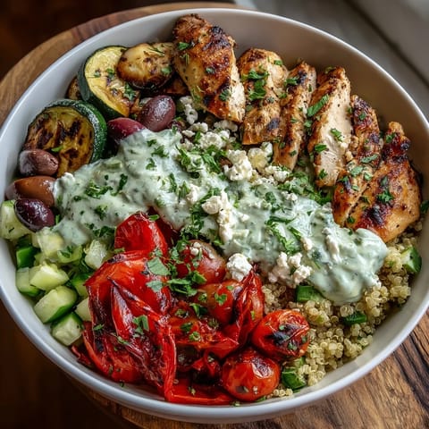 Served warm, this grilled Mediterranean bowl features juicy halloumi, briny olives, and crumbled feta for a savory finish.