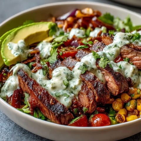 Charred roasted corn, tender sliced steak, and diced avocado mingles over fluffy rice, garnished with tomatoes and Cotija cheese. 