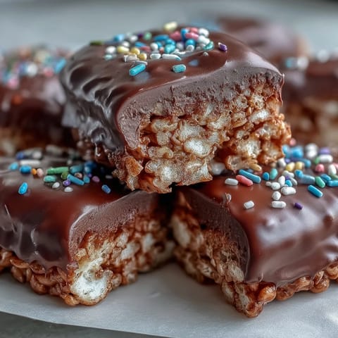 A close-up of a Chocolate Covered Rice Krispy Treat bar shows a bitten edge revealing the gooey marshmallow interior against a dark surface.