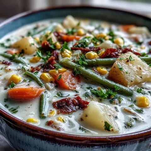 A warm bowl of Amish Snow Day Soup featuring carrots, potatoes, and corn in a thyme-scented broth.
