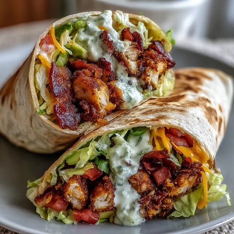 Juicy spice-rubbed chicken strips and smoky bacon rest inside a soft flour tortilla with melted cheddar in this Crispy Chicken Bacon Wrap.