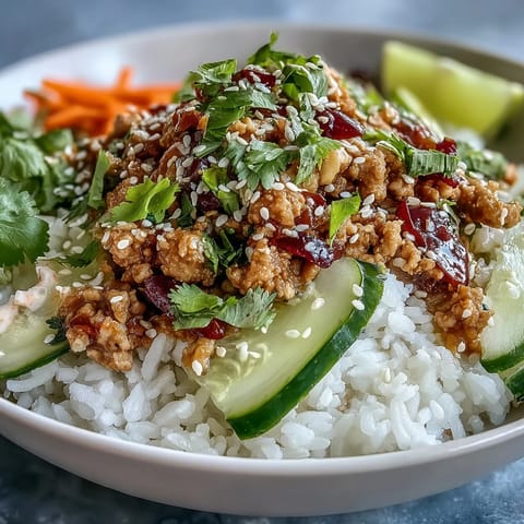 Colorful Bang Bang Ground Turkey Rice Bowls garnished with sesame seeds, scallions, and fresh cilantro, served with lime wedges.