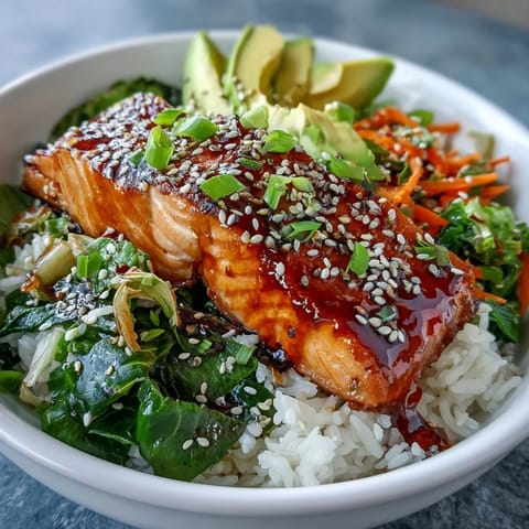 Tender soy ginger salmon fillet glazed and perched atop fluffy jasmine rice and crisp vegetables in a bowl.