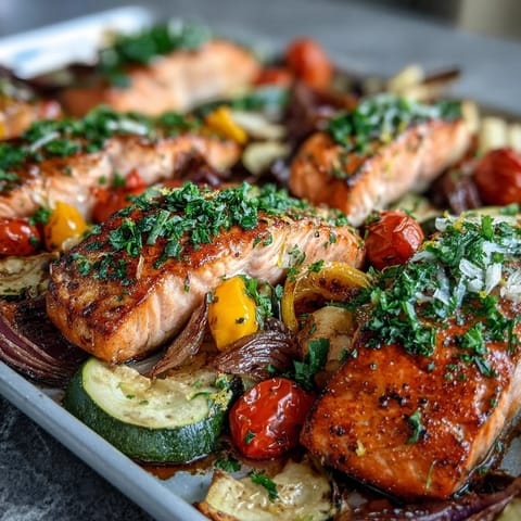 Roasted salmon and colorful vegetables arranged on a sheet pan, with golden edges and fresh parsley garnish.