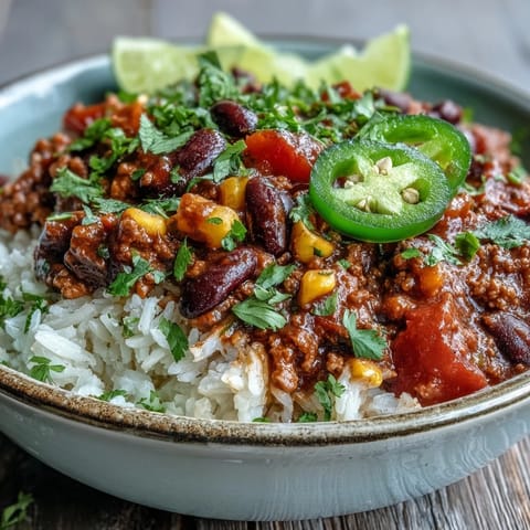 Spicy Chili Bowl Base loaded with ground beef, peppers, and onions, served over rice with cool sour cream and jalapeños.