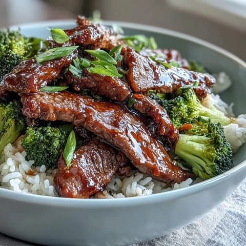 Fluffy jasmine rice forms the base of a vibrant Beef and Broccoli Bowl, topped with tender beef strips and crisp green broccoli florets.