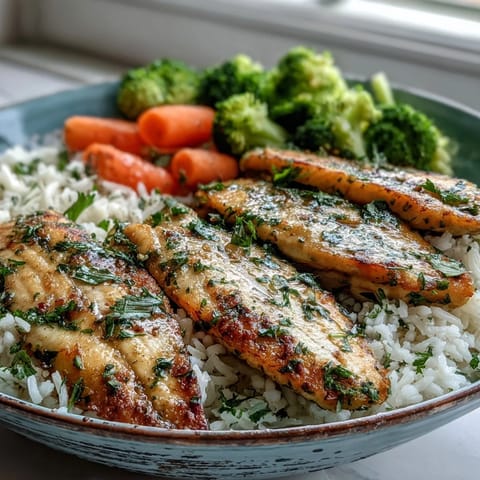 Golden herb-baked tilapia fillets flake easily over fluffy white rice and crisp steamed broccoli in a bright bowl.