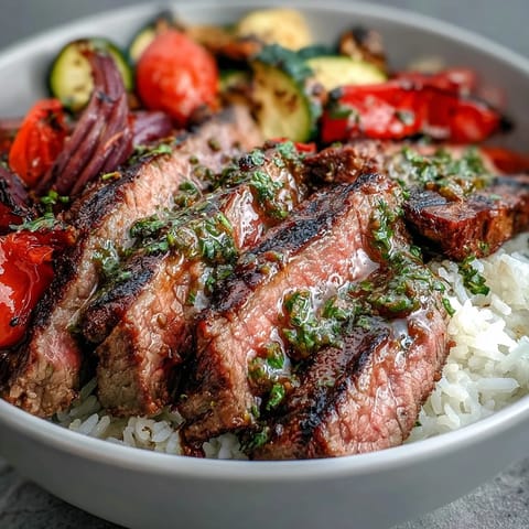 Steaming bowl of Grilled Steak Bowl featuring tender sliced steak, roasted bell peppers, and zucchini, with bright chimichurri sauce over a bed of fluffy rice.