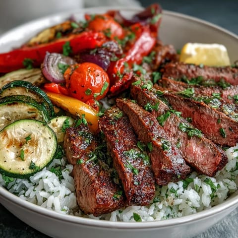 A close-up of the Sheet Pan Steak and Veggie Bowl highlights charred zucchini, cherry tomatoes, and tender steak slices on a bed of rice.