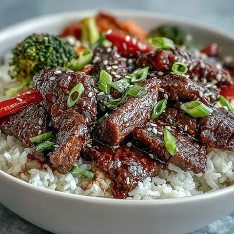 Tender beef glazed in sweet sauce over rice with sautéed vegetables in a white bowl.