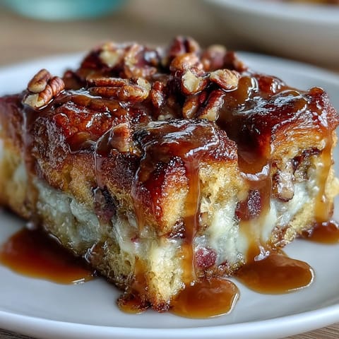 Warm slices of Guava Caramel Bread Pudding topped with toasted pecans and a generous caramel drizzle.