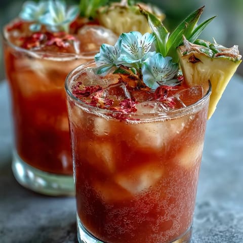 Homemade Iced Guava Passionfruit Drink with creamy coconut milk, nectar, and juice layered in a glass over ice.