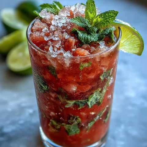 Refresh with a vibrant guava mojito, a tropical Cuban cocktail with white rum, mint, and club soda.