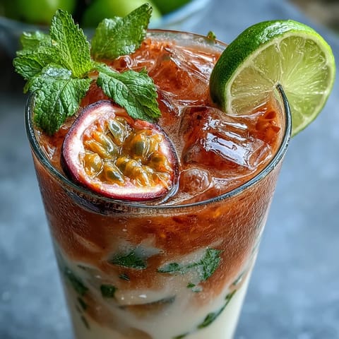 Frothy DIY Iced Guava Passionfruit Drink layered in a tall glass over ice, garnished with fresh mint and a lime wedge.