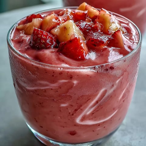 Two frosty glasses of guava juice smoothie beside sliced mango and guava on a bright kitchen counter.