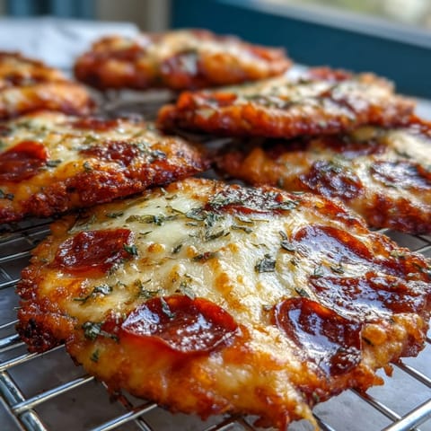Freshly baked Pepperoni Cheese Crisps are garnished with parsley, ready for dipping into marinara sauce on a platter.