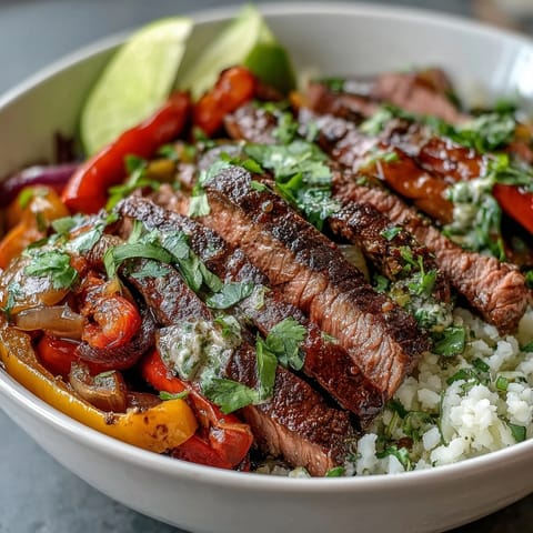 Tender steak and sizzling vegetables top seasoned cauliflower rice in this vibrant Steak Fajita Bowl, garnished with avocado slices and a fresh lime wedge for zest.