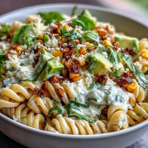 Overhead view of Creamy Street Corn Pasta Salad with shredded romaine, bright avocado chunks, and torn basil leaves, drizzled with lime mayo and finished with a drizzle of vibrant chili butter.
