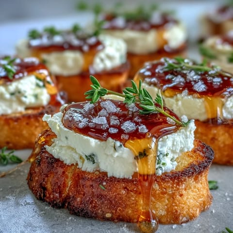 Golden toasted baguette slices topped with creamy whipped goat cheese and cream cheese, finished with a warm drizzle of spicy hot honey.