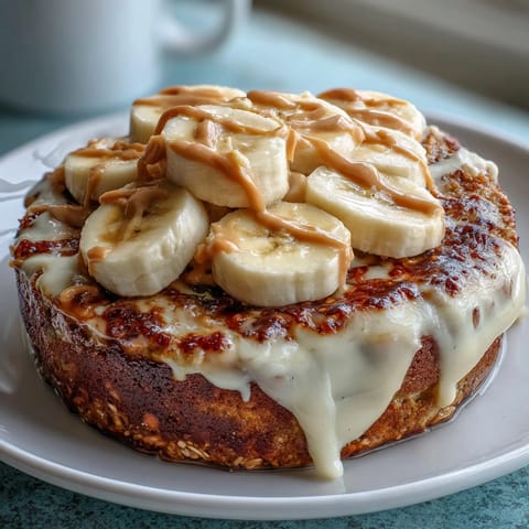 Golden-brown baked protein pancake base topped with creamy Greek yogurt, sliced bananas, and a warm peanut butter drizzle in a white bowl.
