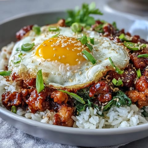 Creamy Korean Turkey Rice Skillet served steaming in a skillet with jammy eggs, spinach, and sesame garnish.