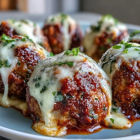 Twelve spicy chicken parmesan meatballs topped with melted mozzarella cheese are baked in a white baking dish, ready to serve over spaghetti or in hoagie rolls.